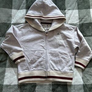 Roots Kids Hooded Zip Sweatshirt in Light Gray with Maroon Stripes